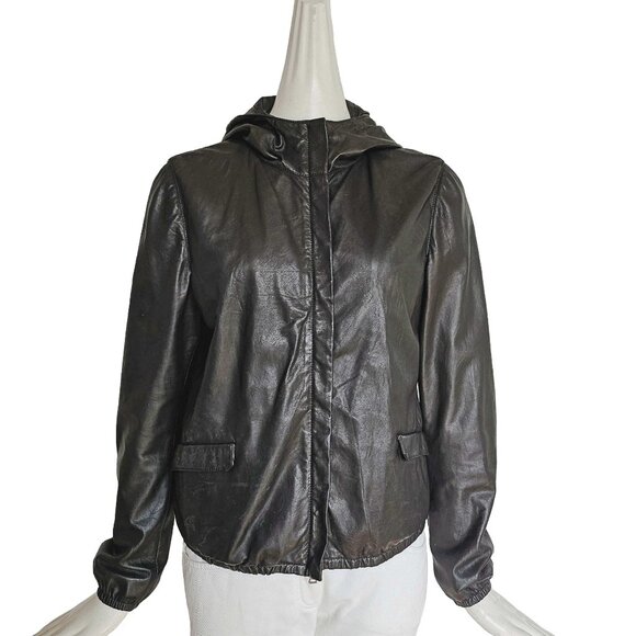 PRADA SPORT BLACK LEATHER HOODED JACKET (42) - Picture 1 of 9